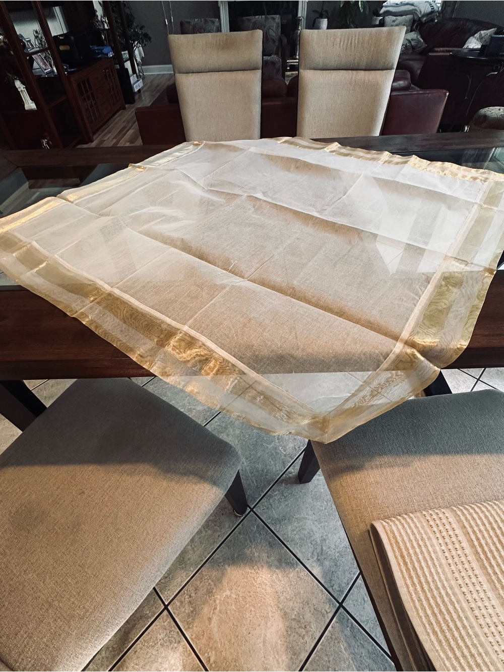 Elegant Sheer Table Overlay with Gold Trim 42”x42”100% cotton